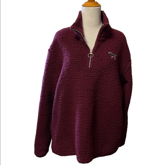 PINK Victoria’s Secret burgundy colored quarter zip Sherpa with pockets - Picture 1 of 11